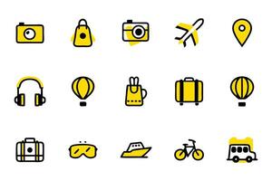 This vibrant image features a collection of simple, outlined travel icons in bold yellow against a clean white backdrop. vector