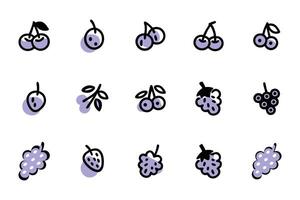 This image features a set of simple, outline icons of various fruits, including cherries, blueberries, raspberries, strawberries, and grapes. vector