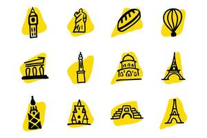 This image features a collection of simple, hand-drawn icons representing iconic landmarks from various countries. vector
