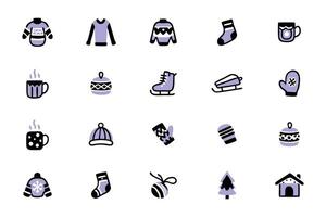 This set features a collection of simple, hand-drawn winter icons in shades of purple and black. vector