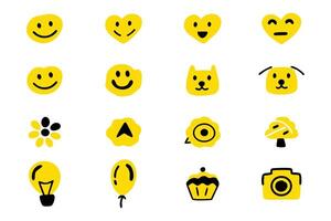 This image features a set of simple, hand-drawn style icons in bright yellow with black outlines. vector
