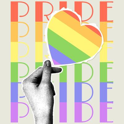 Trendy halftone collage. Vertical collage on pride month theme in retro style. Hand with halftone effect holding a heart cut out of paper in scrapbooking style. Fancy retro collage