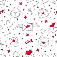 Love letters seamless pattern. Valentines day background for wrapping, textile, linen. Doodle envelopes, red hearts, arrows. vector