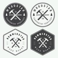 Woodworking logo design set with hammer and saw vector