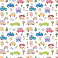 Seamless pattern with cute baby's cars and another different elements. Childish background vector