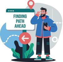 A flat illustration of character using finding path app vector