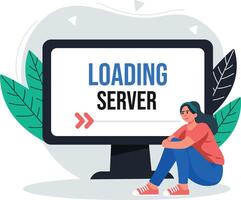 A flat illustration of a character waiting for loading server vector