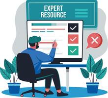 A flat illustration of an expert resource character working on a system vector