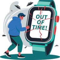 A flat illustration of character worried about his broken watch vector