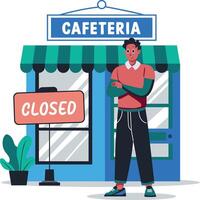 A flat illustration of a character standing in front of closed cafe vector