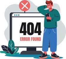 A flat illustration of a character with 404 error found typography vector