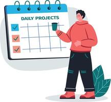A flat illustration of a character setting his daily projects vector