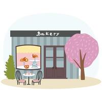 Bakery shop facade with signboard isolated flat cartoon building. Showcase with bread and cakes products, vector