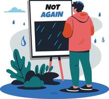 A flat illustration of a character standing in raining with not again typography vector