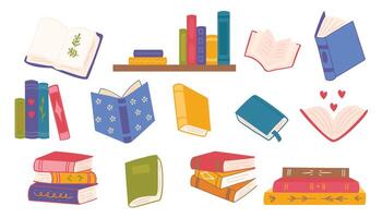 WebCute book collection. Different stacks of books, open books. Educational theme. White isolated background. vector
