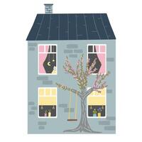 A house on a white background. illustration of a house with a tree and a swing on the roof. Spring blooming tree vector