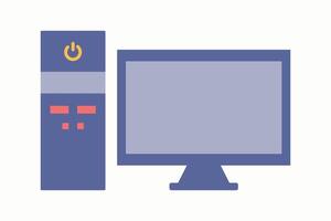 Desktop Computer and Monitor. Work and gaming PC with screen, Display. IT equipment, technology. Office tool with power Button. Technique. Flat style. Isolated icon. Color image. illustration vector
