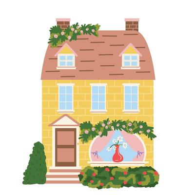 Cozy little house, lots of greenery. A house for a family. Windows, curtains, chimney. illustration on white background