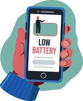 A flat illustration of a mobile phone with low battery vector