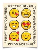 Valentine Card Design with Different Pixel Emoji. vector