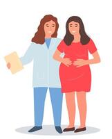 Pregnant woman with a midwife at an appointment, consultation in full view. flat graphics. vector