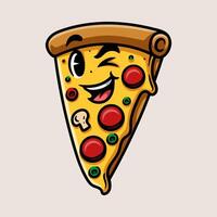 fun smiling sliced pizza cartoon character isolated colored drawing line art style sketch classic vintage design illustration vector