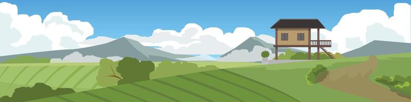 Landscape small house on stilts sits nestled among the field. Peaceful rural scene. With rolling green fields a dirt path. Distant mountains under a blue sky with fluffy clouds. For banner background. vector