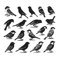 Sparrows in silhouette scattered across a plain white surface vector