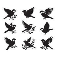 A pattern of sparrow silhouettes scattered across white vector