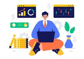 Illustration of Traders Evaluating Market Data and Candlestick Graphs vector