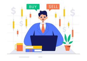 Data Analyst and Trader Illustration Analyzing Financial Trends and Market Charts vector