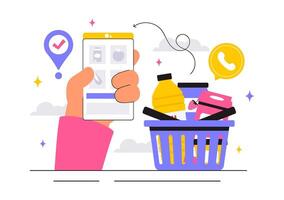 Online Shopping Grocery Store Design with Food Products, Shelves, and Racks in a Flat Style vector