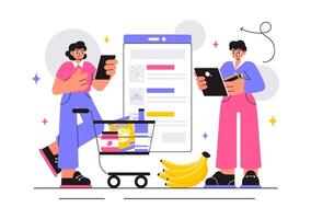 Fruits, Dairy, and Drinks Displayed in an Online Grocery Store Illustration for Shopping via Phone vector