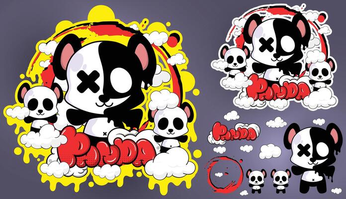 a cartoon panda bear with a rainbow and clouds