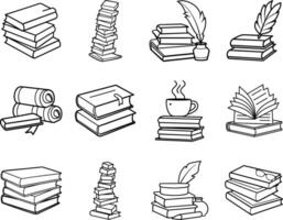 Stack of Books, Quills, Inkwells, Reading, and Cozy Scenes vector