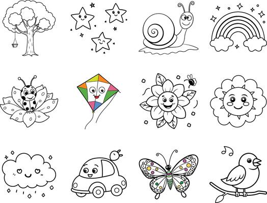 Cute Coloring Page Sun, Rain, Bird, Butterfly, Car, Tree