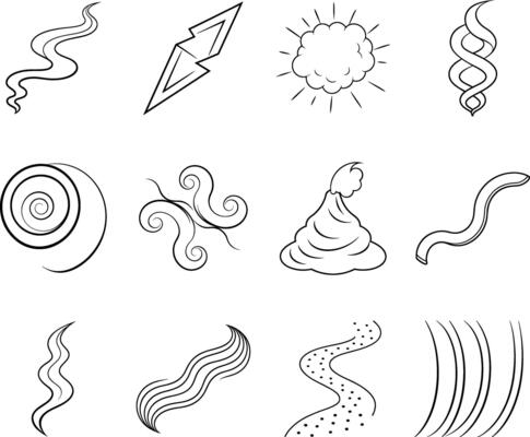 Abstract Line Art Swirls, Waves, Sun, and Energy Symbols