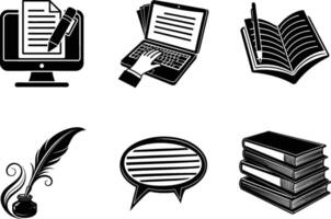 Writing Tools Computer, Laptop, Notebook, Quill, Books, Speech vector