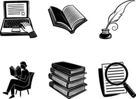 Digital and Traditional Reading Books, Laptop, Quill, and Ink vector
