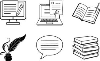 Writing Tools Computer, Laptop, Book, Quill, Speech Bubble, Text vector