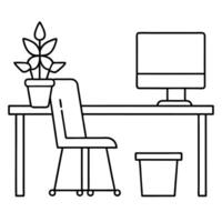Modern Home Office Setup Desk, Chair, Computer, Plant, Wastebin vector
