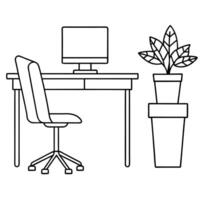 Simple Office Desk Setup Computer, Chair, Plant, Workspace vector