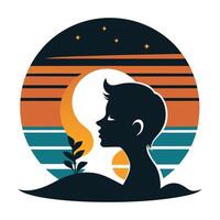 Sunset Silhouette Childs Profile, Peaceful Ocean, Starry Night vector