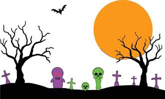 Halloween Spooky Scene Graveyard, Skulls, Trees, and Moon vector