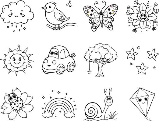 Cute Coloring Page Sun, Rain, Bird, Butterfly, Car, Tree