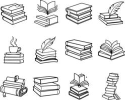 Stack of Books, Open Books, Reading, Quill, Coffee, Glasses vector