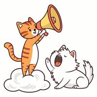 a cat and dog are standing on a cloud and holding a megaphone vector