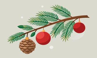 christmas tree branch with pine cones and red balls vector