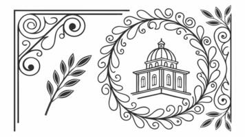 A drawing of a church with a clock tower in the center vector