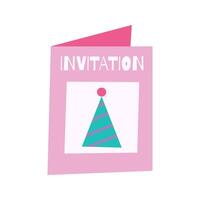A pink party invitation card with a hat design on the cover. Essential for event announcements. vector